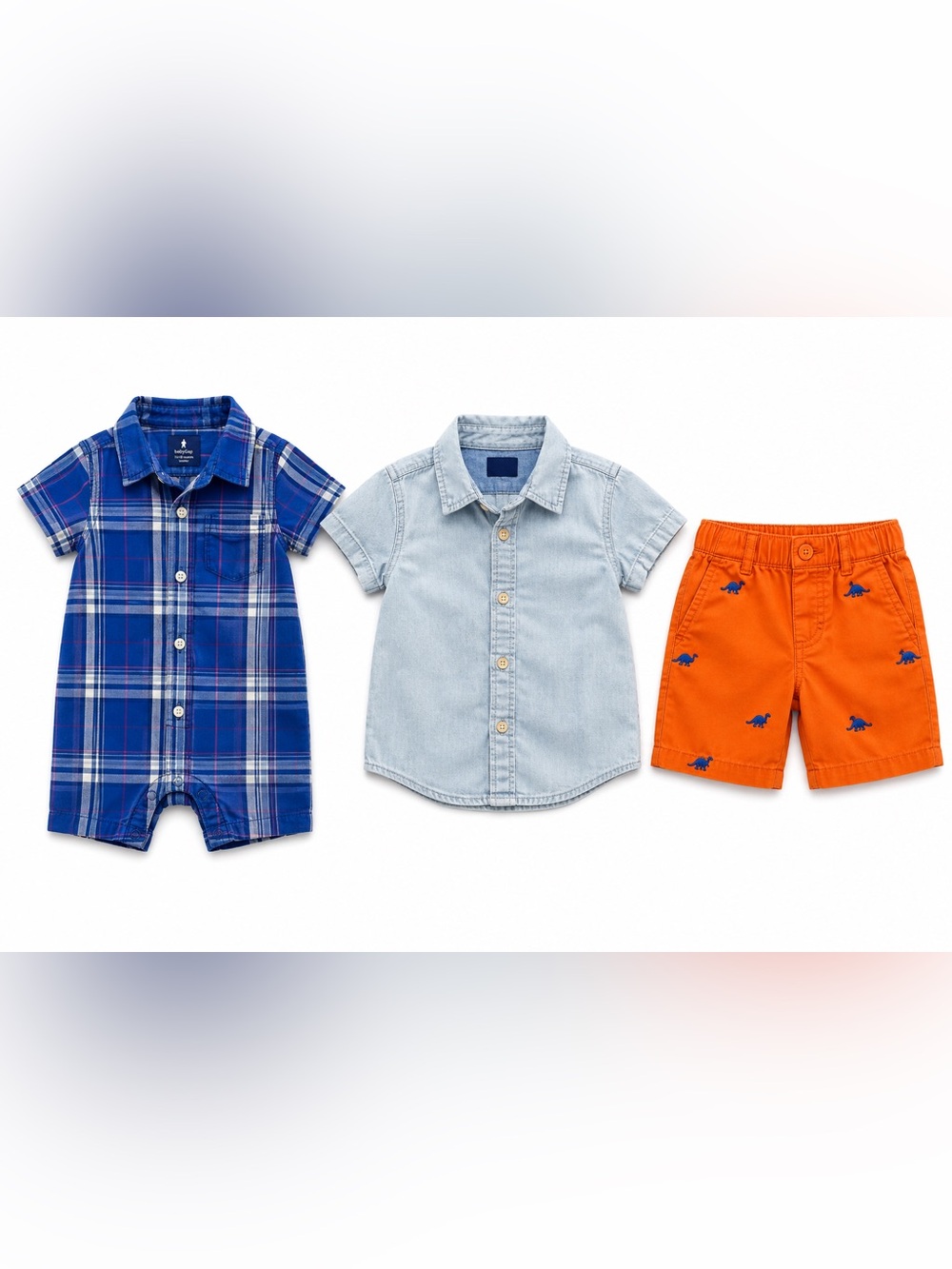 Gap Baby Boy 12-18M 3 Piece Outfit Plaid Romper Dino Shorts Button Down